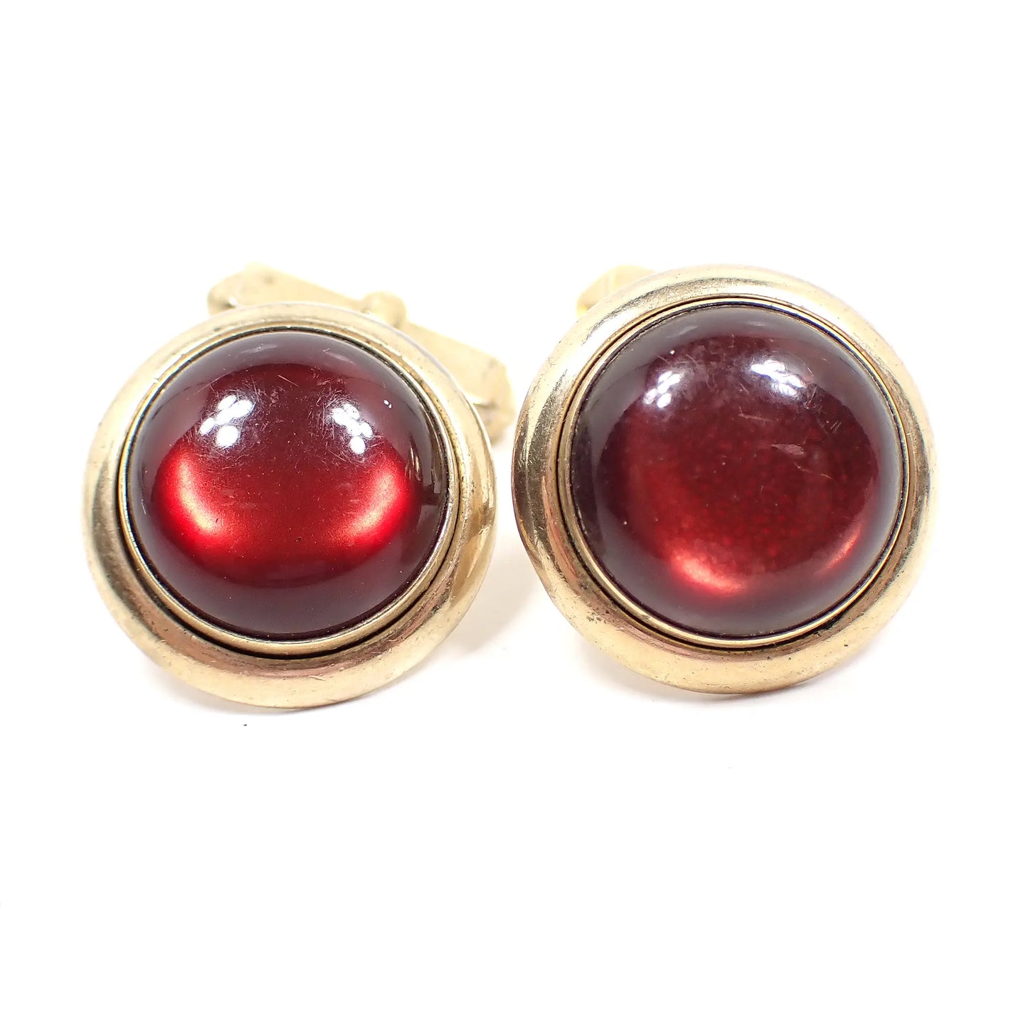 Swank Mid Century Vintage Maroon Red Moonglow Lucite Cufflinks, Domed Round Gold Tone Cuff Links