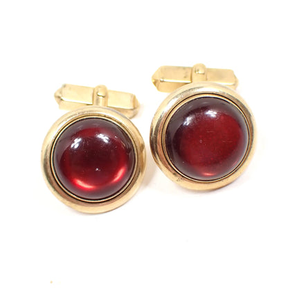 Swank Mid Century Vintage Maroon Red Moonglow Lucite Cufflinks, Domed Round Gold Tone Cuff Links