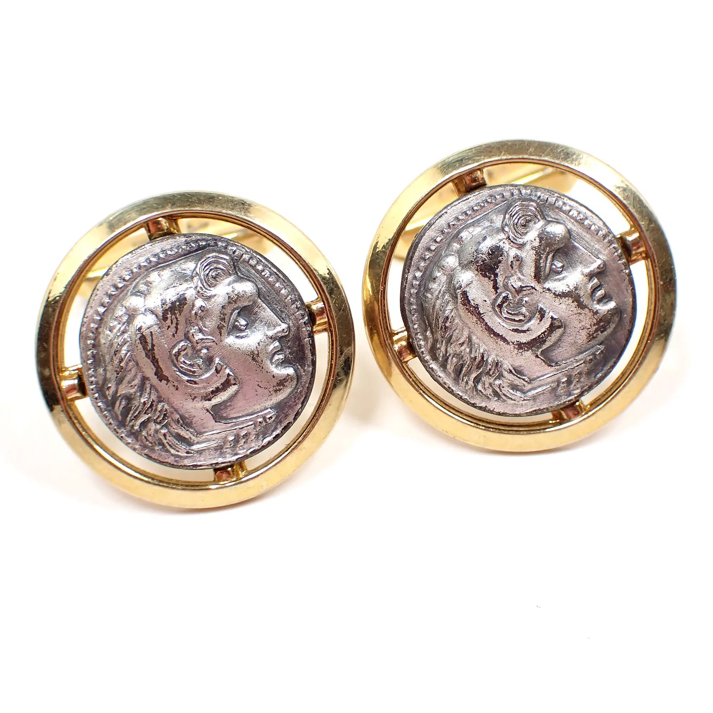 Alexander the Great Mid Century Vintage Cufflinks, Two Tone Round Angle Back Cuff Links