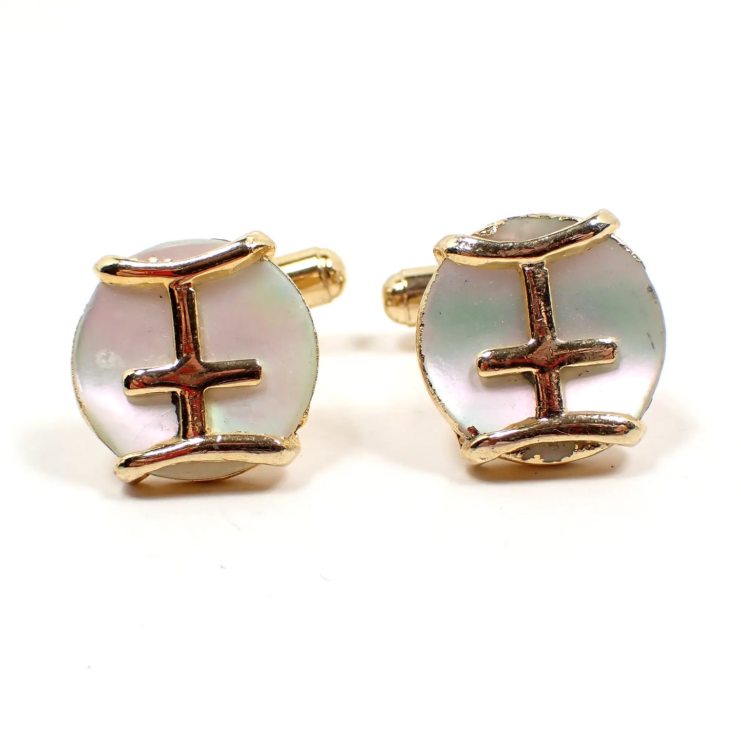 1980's Mother of Pearl Vintage Angled Back Cufflinks, Pearly White Round Gold Tone Cuff Links