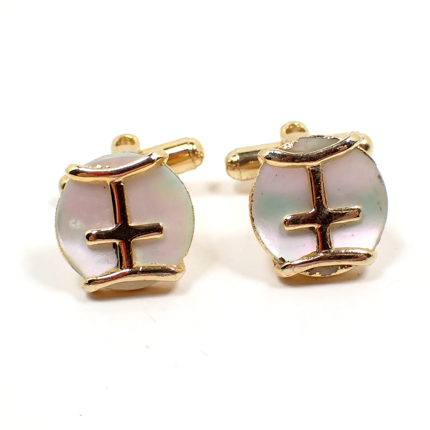1980's Mother of Pearl Vintage Angled Back Cufflinks, Pearly White Round Gold Tone Cuff Links