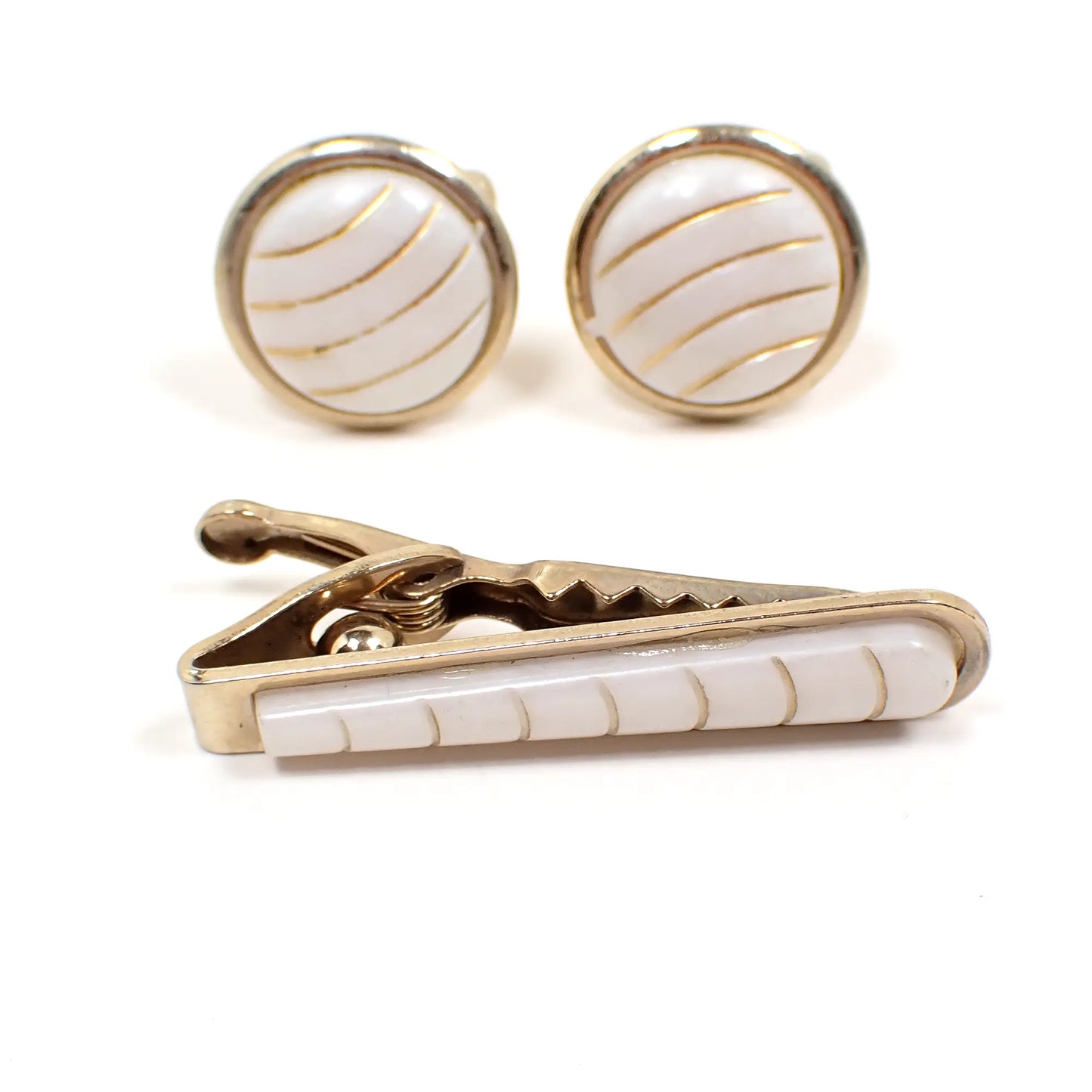 1970's White Plastic and Gold Tone Vintage Men's Jewelry Set, Tie Clip Clasp and Cufflinks Cuff Links