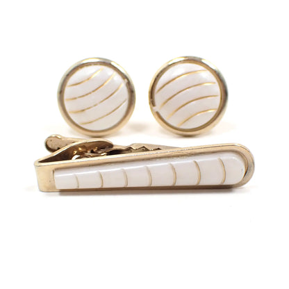 1970's White Plastic and Gold Tone Vintage Men's Jewelry Set, Tie Clip Clasp and Cufflinks Cuff Links