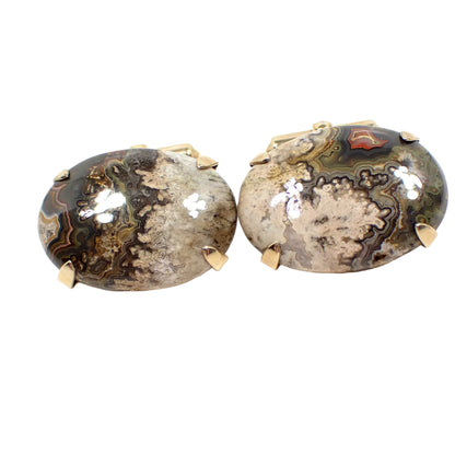 Destino Gold Filled Mid Century Jasper Swivel Back Vintage Cufflinks, 1/20 12K GF Domed Oval Gemstone Cuff Links