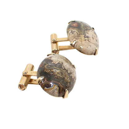 Destino Gold Filled Mid Century Jasper Swivel Back Vintage Cufflinks, 1/20 12K GF Domed Oval Gemstone Cuff Links