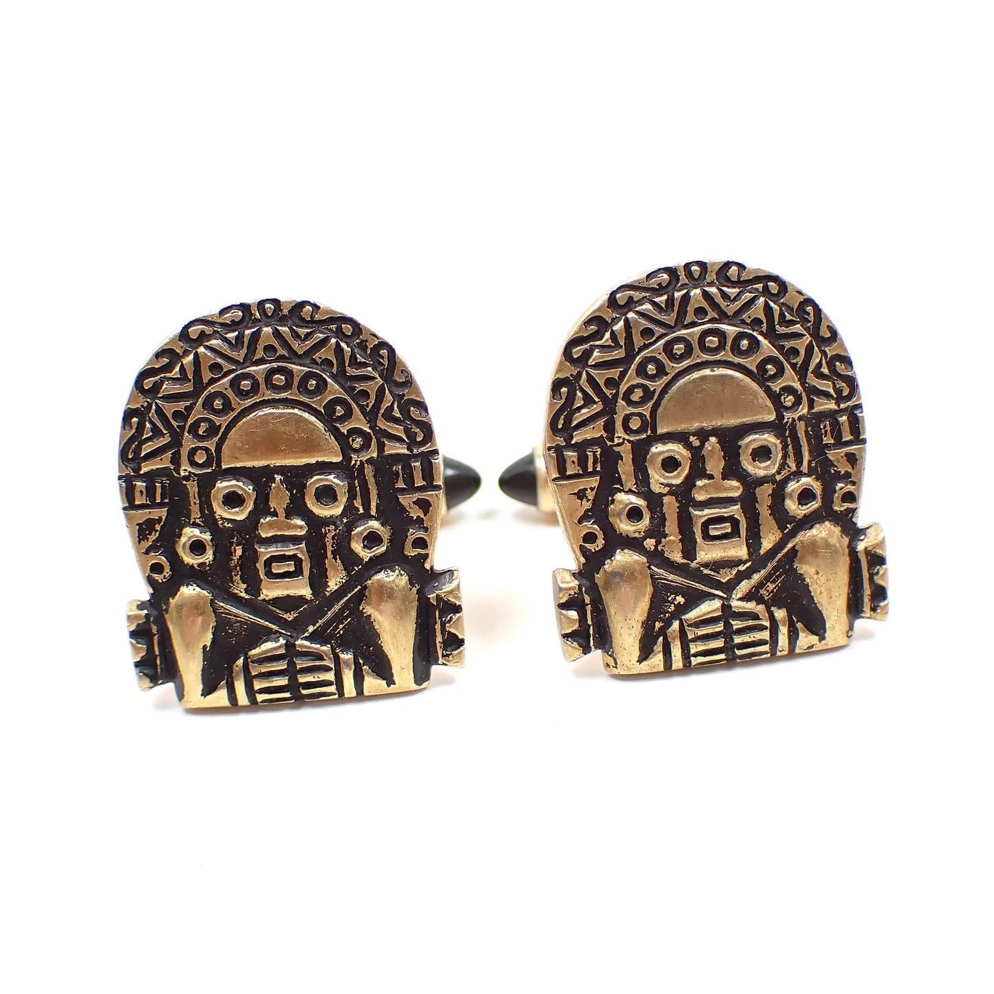 Krementz Aztec Mayan Sun God Vintage Cufflinks, Antiqued Gold Tone Bullet Back Cuff Links with Black Lucite Ends