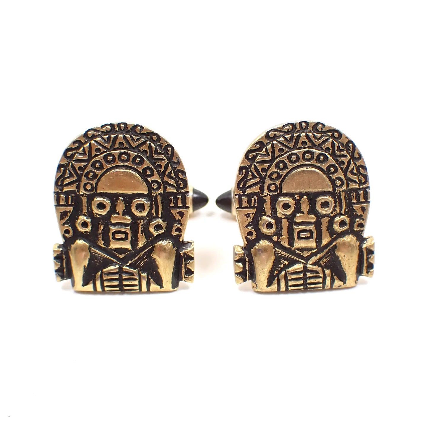 Krementz Aztec Mayan Sun God Vintage Cufflinks, Antiqued Gold Tone Bullet Back Cuff Links with Black Lucite Ends