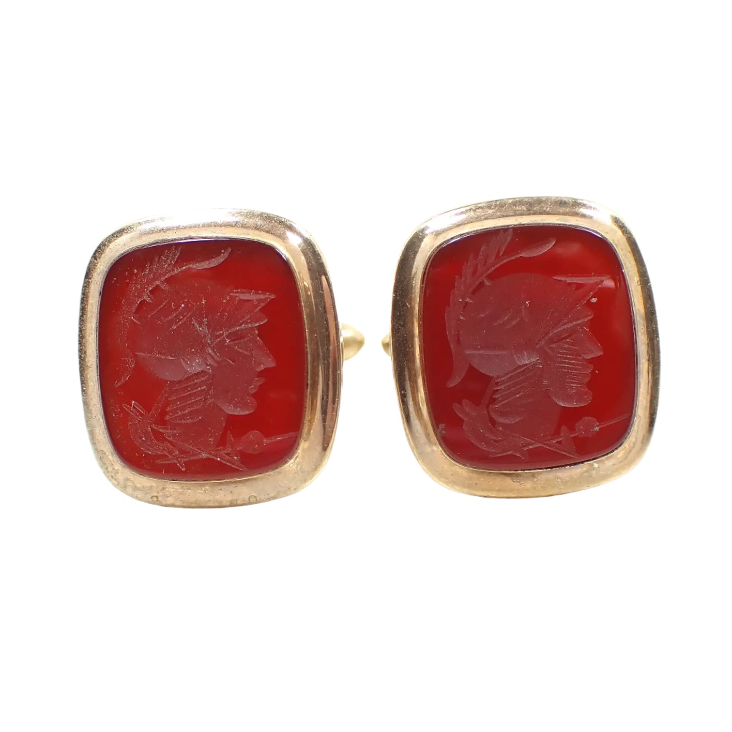 Dolan and Bullock Carnelian Intaglio Cameo Cufflinks, Gold Filled Gemstone Cuff Links, 1/20 14KT GF Roman Solider Head Design