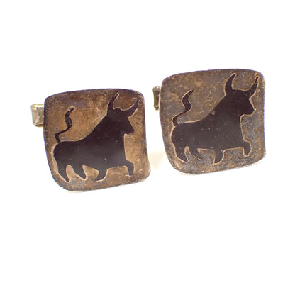 Taxco Sterling Silver Bull Vintage Cufflinks, Antiqued Silver and Black Cuff Links, Southwestern Accessories, Animal Jewelry