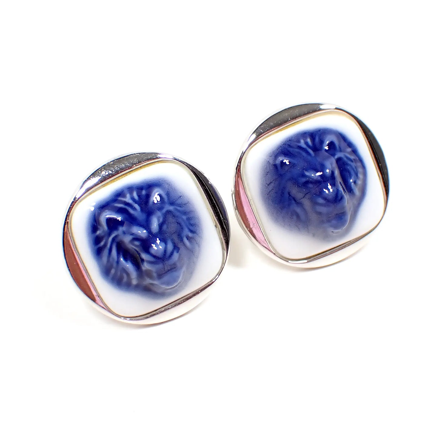 Swank and Royal Copenhagen Blue and White Lion Vintage Cufflinks, Silver Tone Round Porcelain Cuff Links