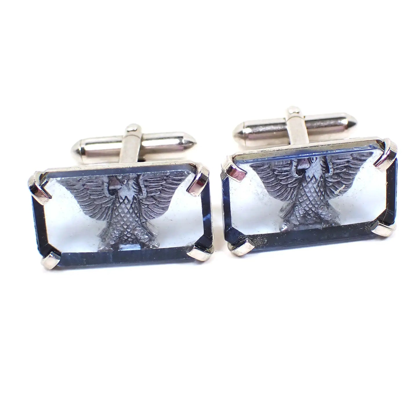 Swank Retro Vintage Eagle Cufflinks, Blue Glass and Silver Tone Rectangle Cuff Links, Patriotic Animal Jewelry