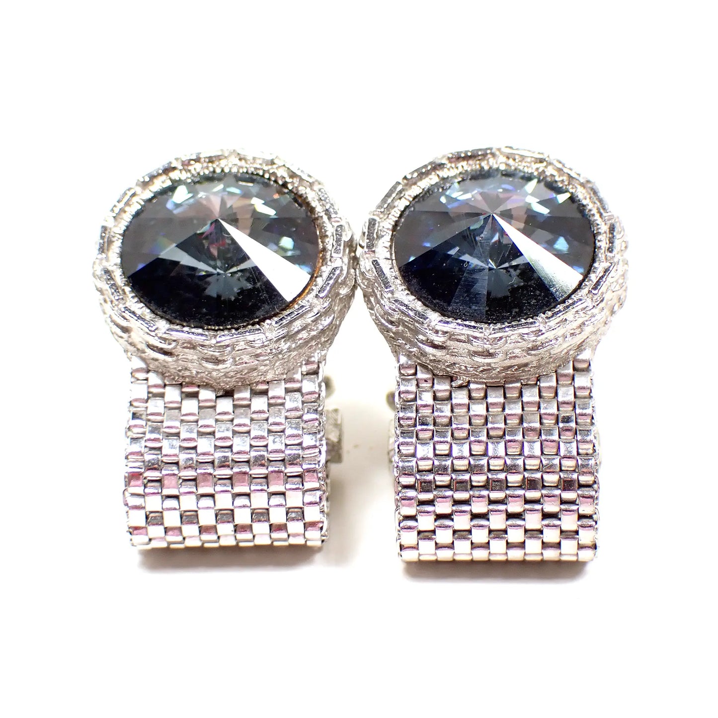 Dante Blue Rivoli Rhinestone Vintage Mesh Wrap Around Cufflinks, 1950s Cuff Links