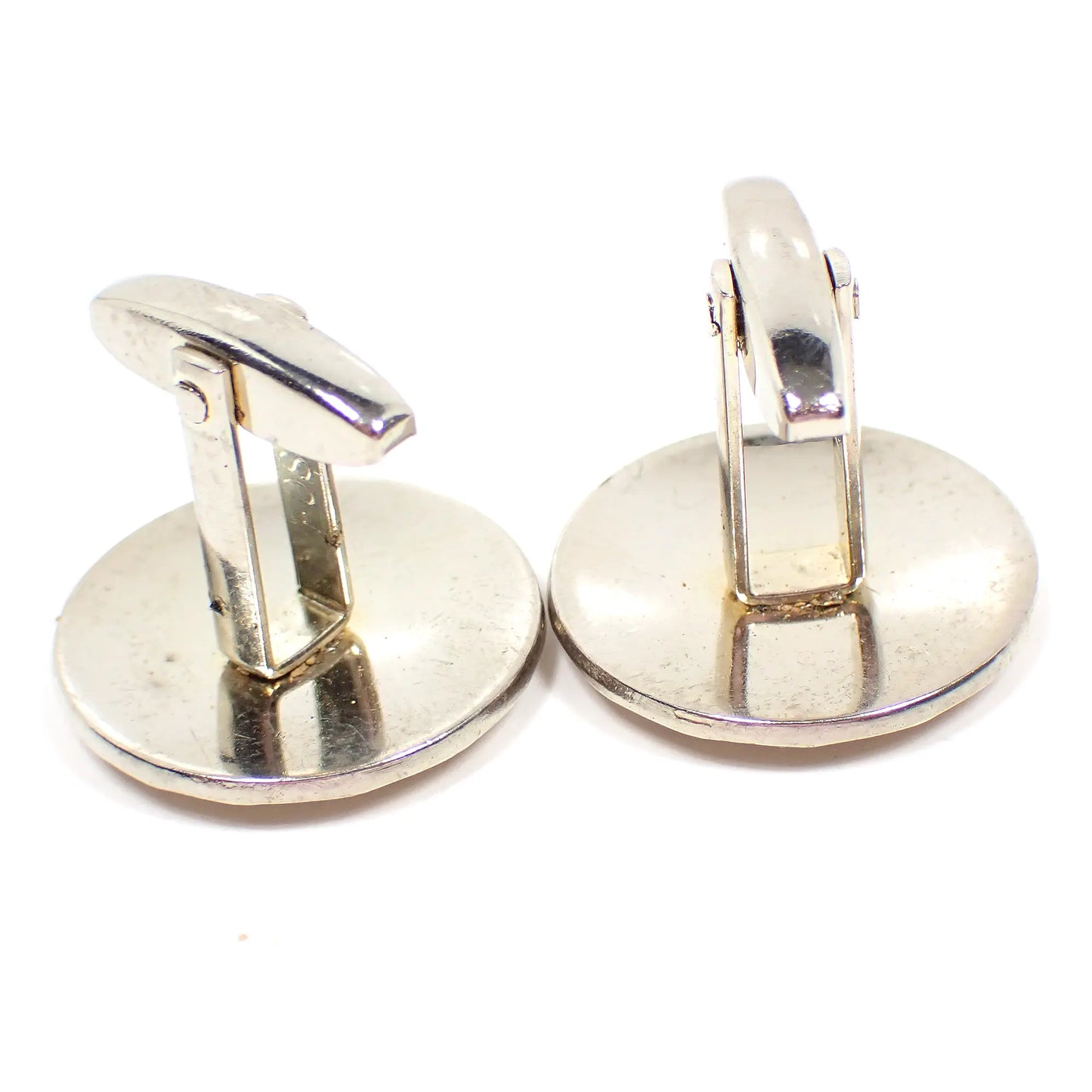 Foster Etched Round Mid Century Vintage Cufflinks, Matte Silver Tone Cuff Links with Faceted Edge