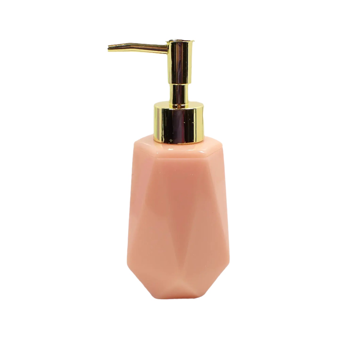 Angled view of the handmade resin soap dispenser. The resin is an opaque pastel peach color. There is a metallic gold color plastic pump on top in the photo. 