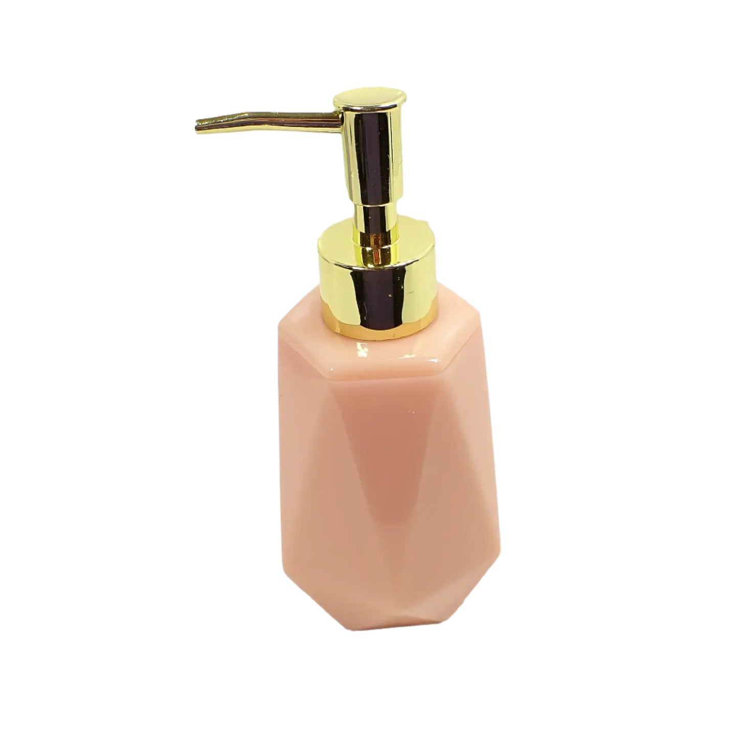 Angled photo of the handmade resin soap dispenser showing more of the top and its hexagon shape. The pastel peach is a very light orange in color.