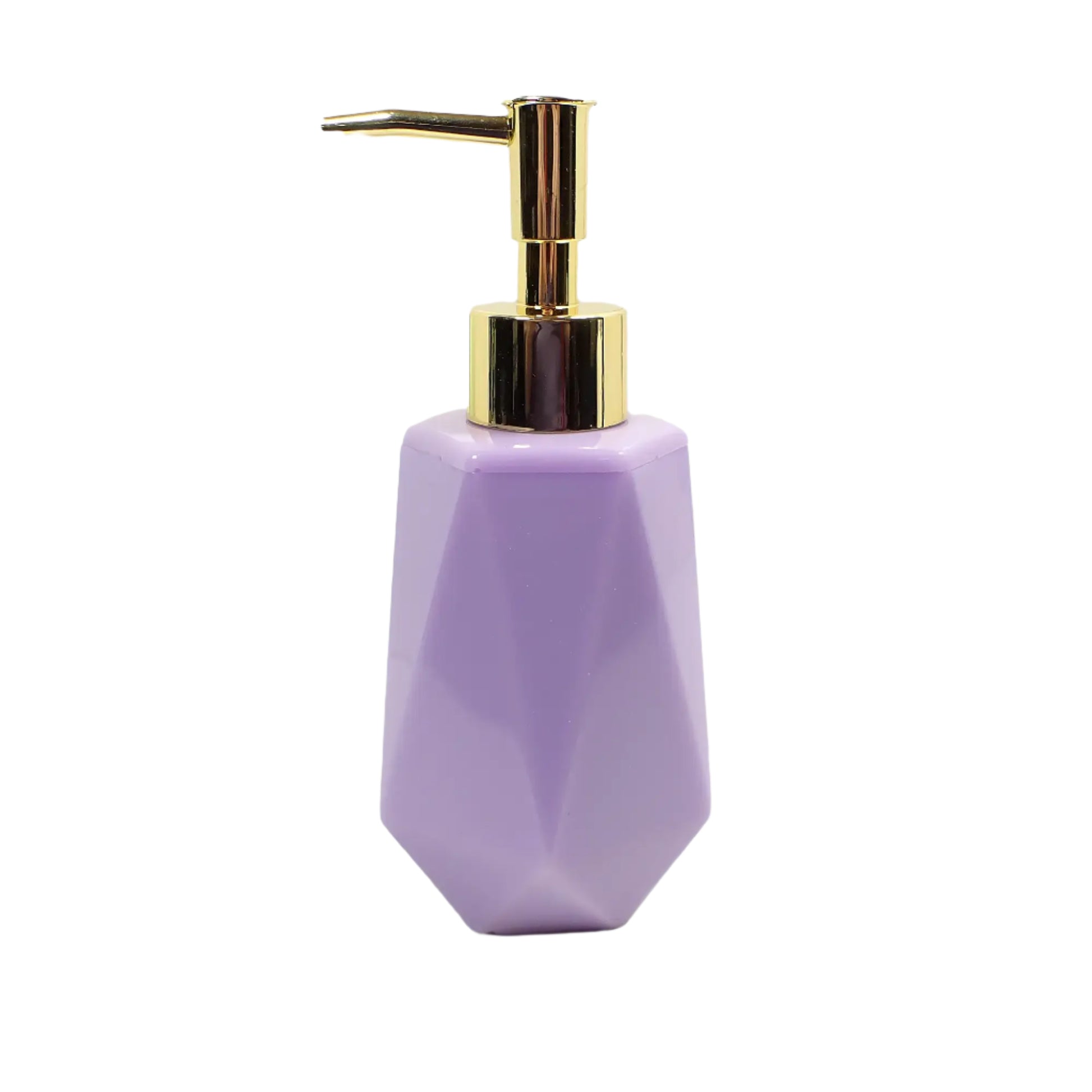 Side view of the handmade resin soap dispenser. The pastel purple resin is solid and opaque.