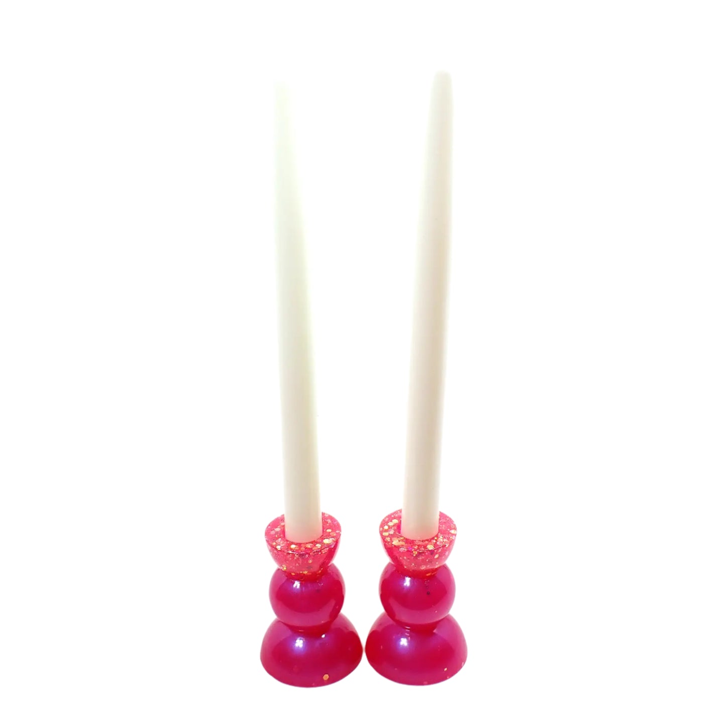 Photo showing how the candlestick holders look while holding taper candles.