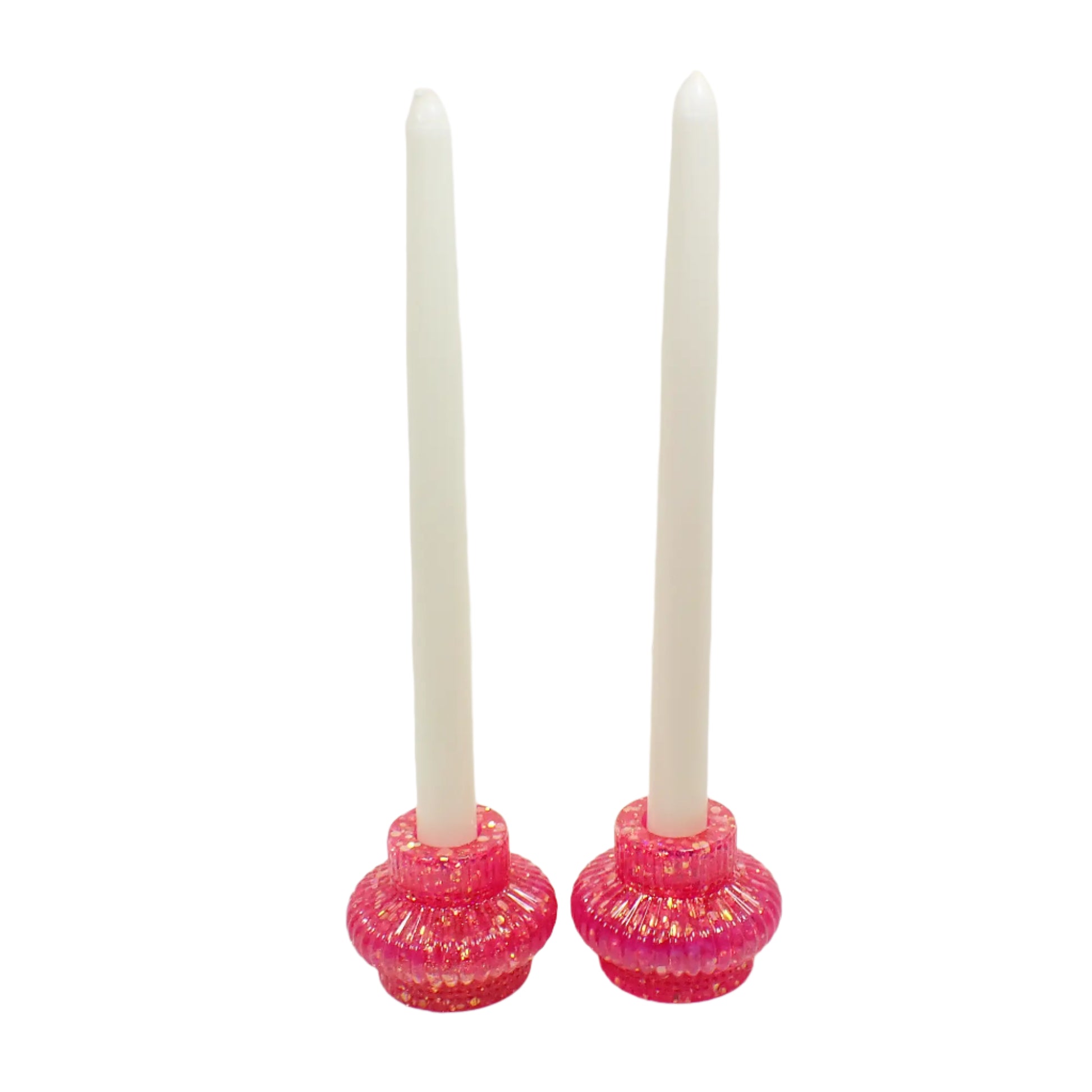 Photo showing how the bright pink glitter candle holders look with candlesticks in them.