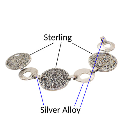 Photo showing the large round links are sterling and the other parts that are silver alloy with wording and lines pointing to the corresponding parts.