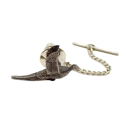 Another angle of the vintage pheasant tie tack. The pewter bird is nicely detailed even on the tail feathers.