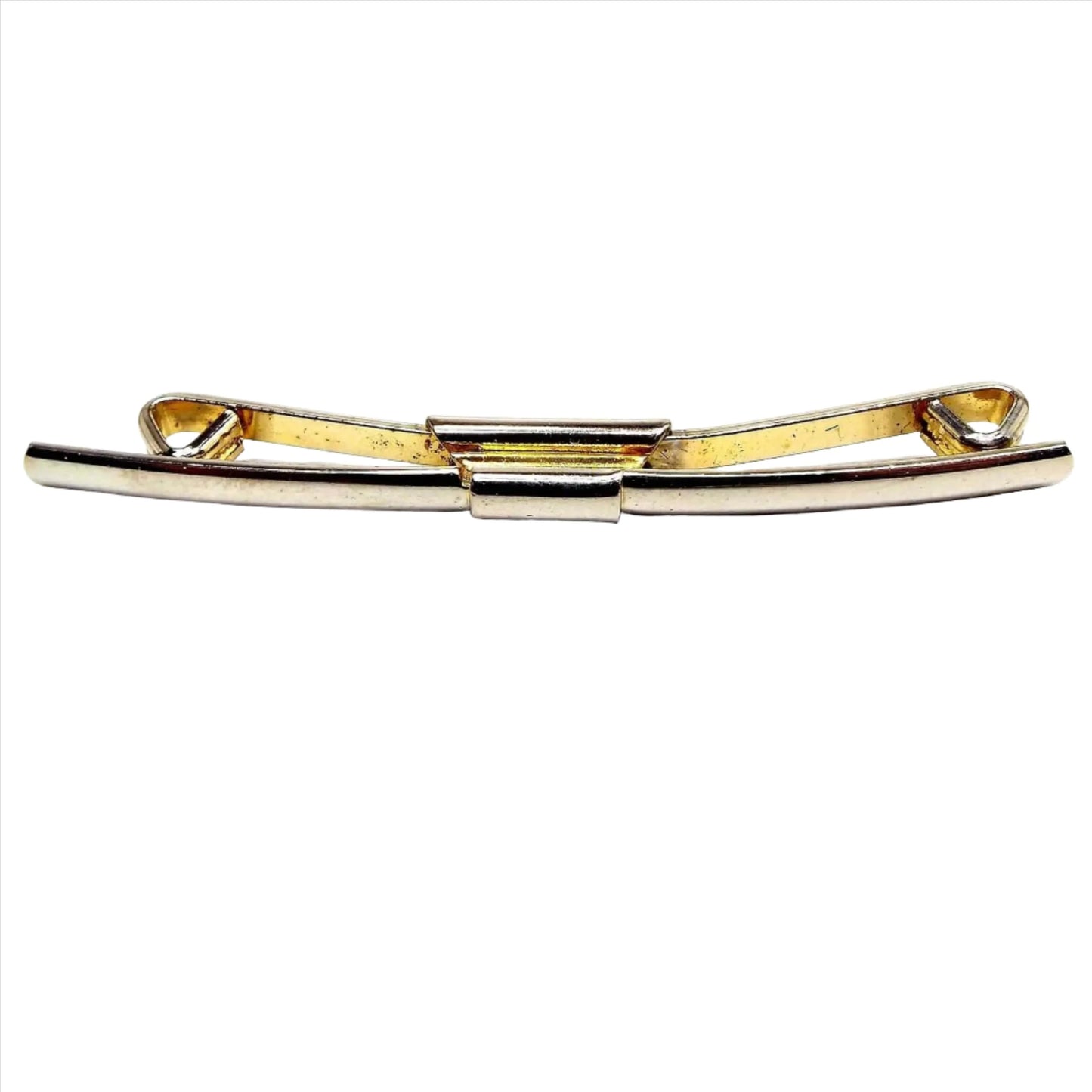 Front view of the Mid Century vintage two tone collar clip. The front is silver tone in color with gold tone accents on the side and back.