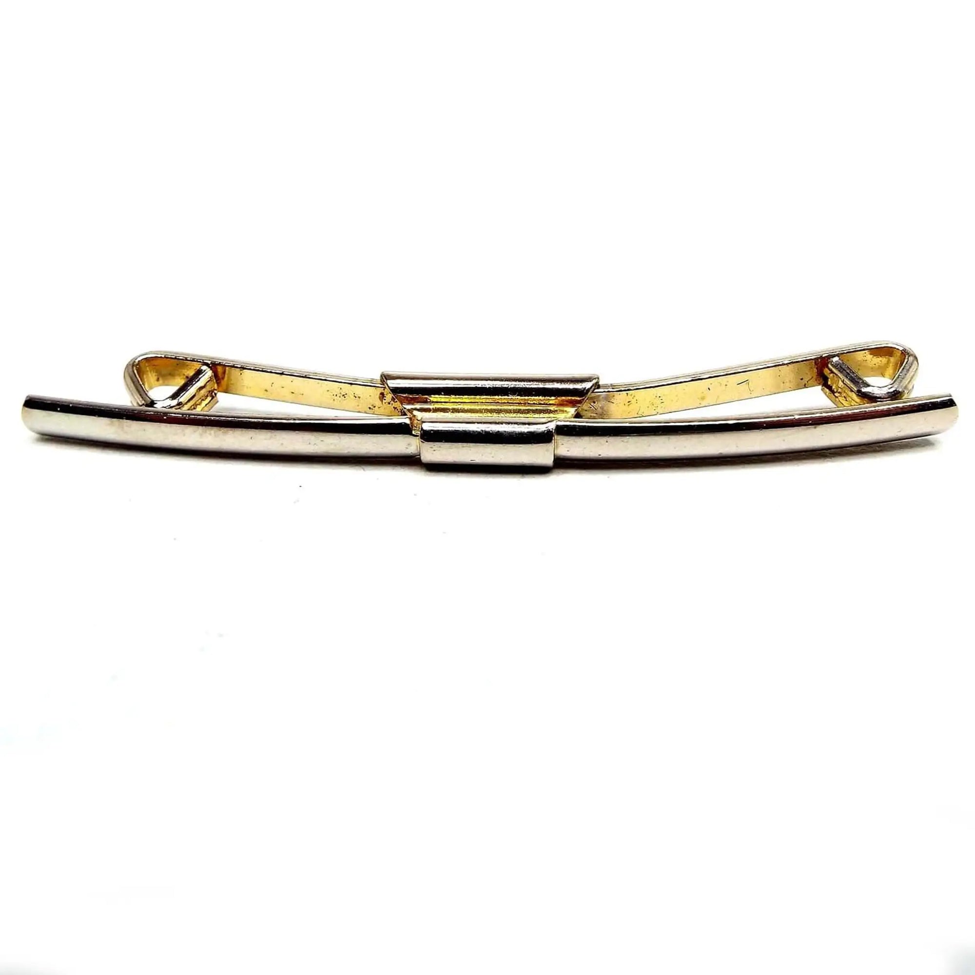 Front view of the Mid Century vintage two tone collar clip. The front is silver tone in color with gold tone accents on the side and back.