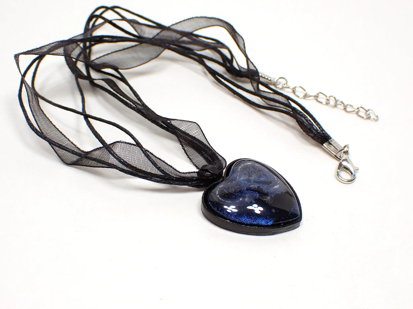Handmade "Cold Hearted" Black Heart Pendant Necklace, Iridescent Blue Frost Resin, Biker Rocker Emo Goth