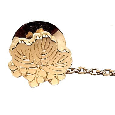 Front view of the retro vintage leaf tie tack. Its shaped like a leaf with some berries at the bottom and is gold tone in color.