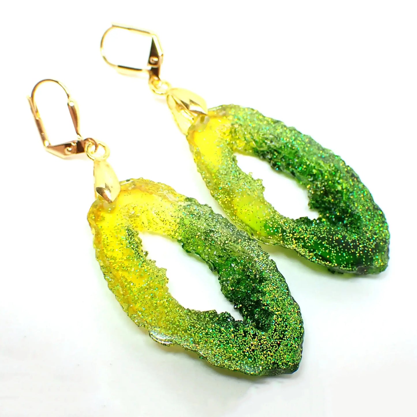 Faux Druzy Geode Slice Style Green and Yellow Resin Handmade Earrings, Iridescent Glitter, Gold Plated, Hook Lever Back or Clip On