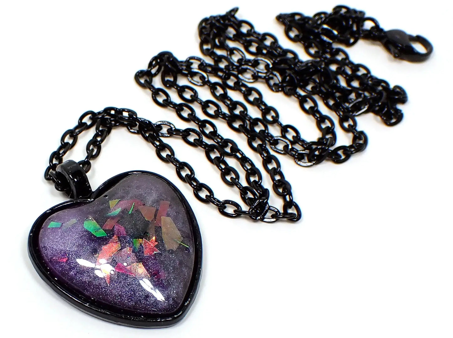 Handmade Purple Resin Black Heart Pendant Necklace with Color Shift Iridescent Glitter, Goth Emo Jewelry