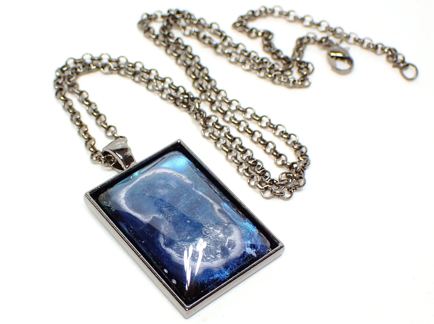 Handmade Abstract Blue Frost Resin Pendant Necklace, Gunmetal Plated Rectangle
