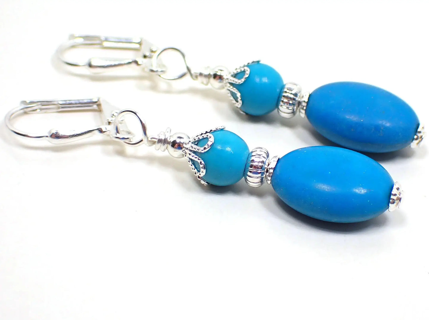 Dyed Magnesite and Chalk Turquoise Gemstone Handmade Drop Earrings, Silver Plated, Hook Lever Back or Clip On
