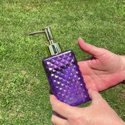 Faceted Square Handmade Pearly Purple and Glitter Resin Soap Dispenser video showing how the glitter sparkles in the light.