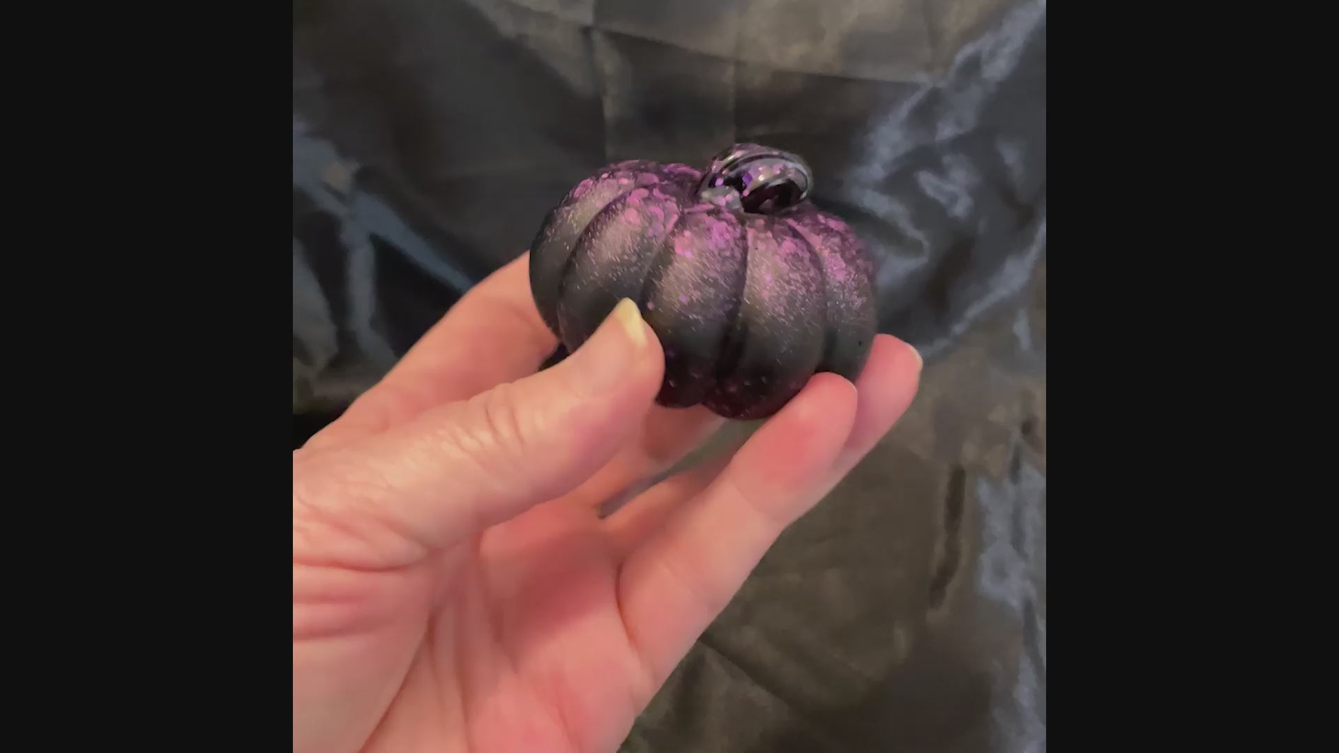 Video of the small matte pumpkin showing how the glitter has a muted soft iridescence to it rather than being super sparkly.