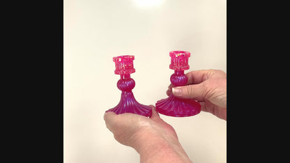 Vintage Style Handmade Bright Pearly Pink Resin Candlestick Holders video showing how the glitter sparkles in the light.