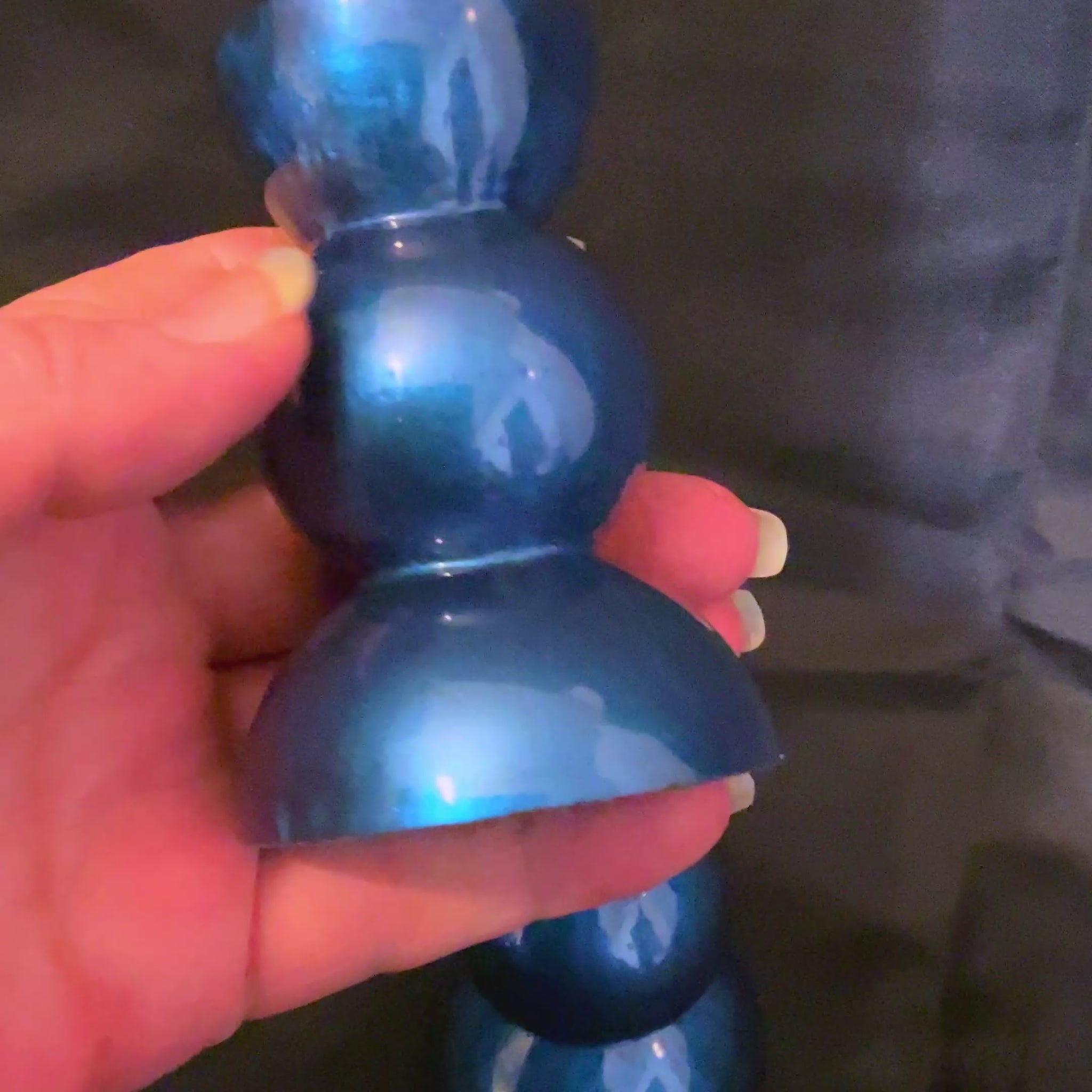 Handmade Pearly Deep Blue Resin Rounded Geometric Candlestick Holders video showing how the pearly blue color looks in the light.