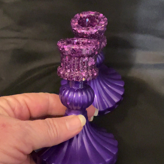 Set of Two Vintage Style Handmade Pearly Bright Purple Glitter Resin Candlestick Holders video showing how the glitter sparkles in the light.