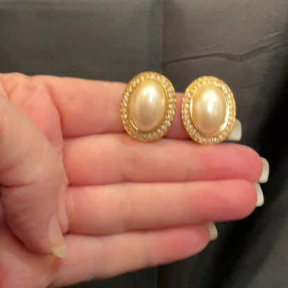 Marvella Faux Pearl and Rhinestone Oval Vintage Clip on Earrings