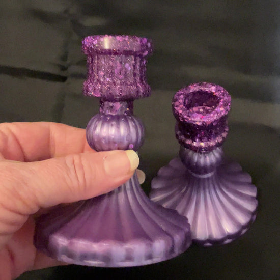 Set of Two Vintage Style Handmade Light Pearly Purple Glitter Resin Candlestick Holders video showing how the glitter sparkles in the light.