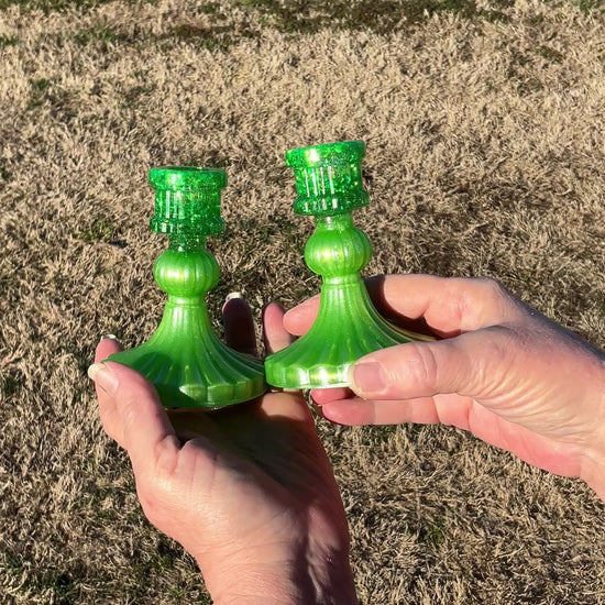 Set of Two Vintage Style Handmade Pearly Lime Green Resin Candlestick Holders video showing how the glitter sparkles in the light.