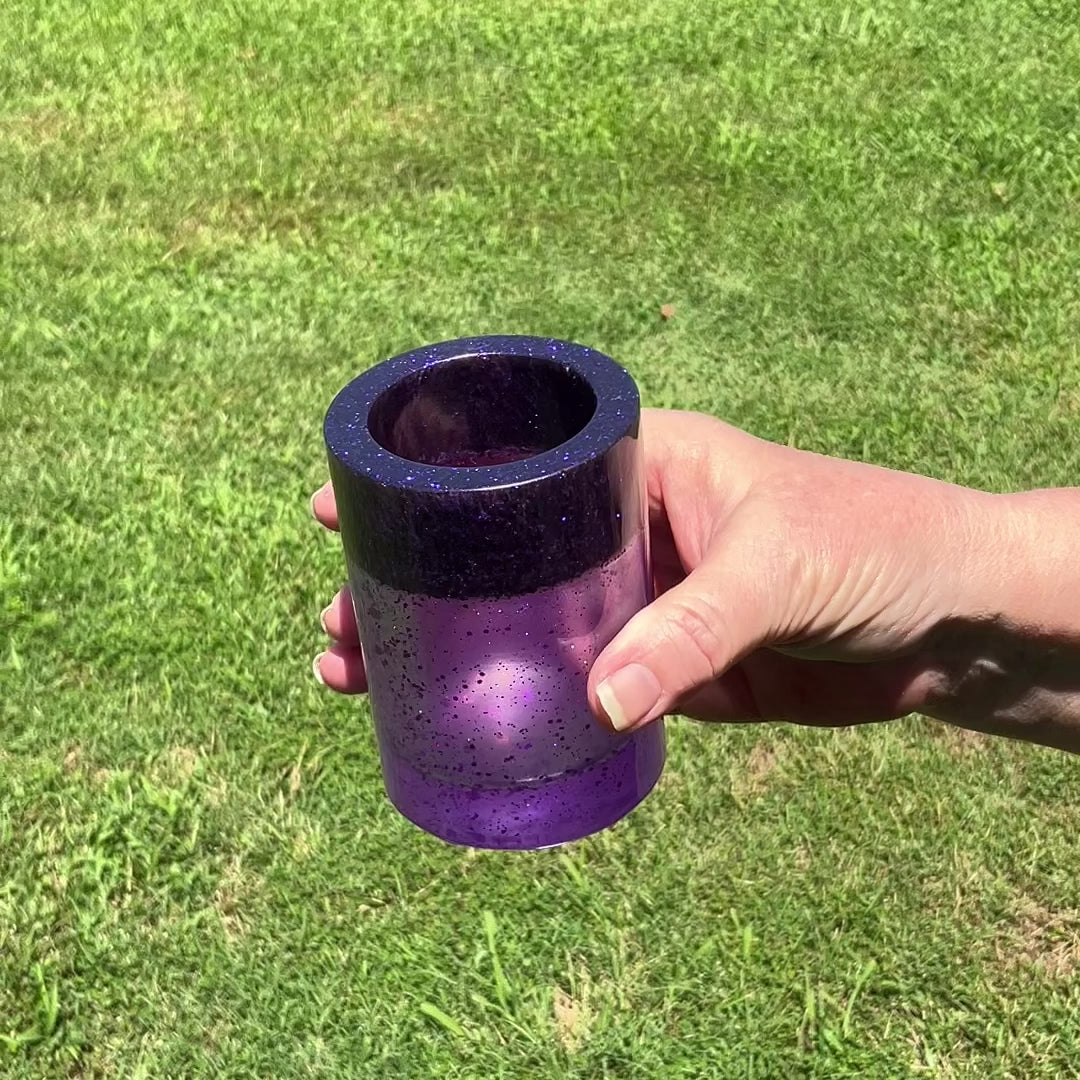 Round Handmade Pearly Purple and Glitter Resin Makeup Brush Holder video showing how the glitter sparkles in the light.