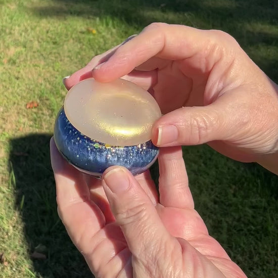  Small Pearly Blue and Golden Off White Resin Handmade Round Trinket Box with Chunky Iridescent Glitter video showing how the glitter sparkles in the light.