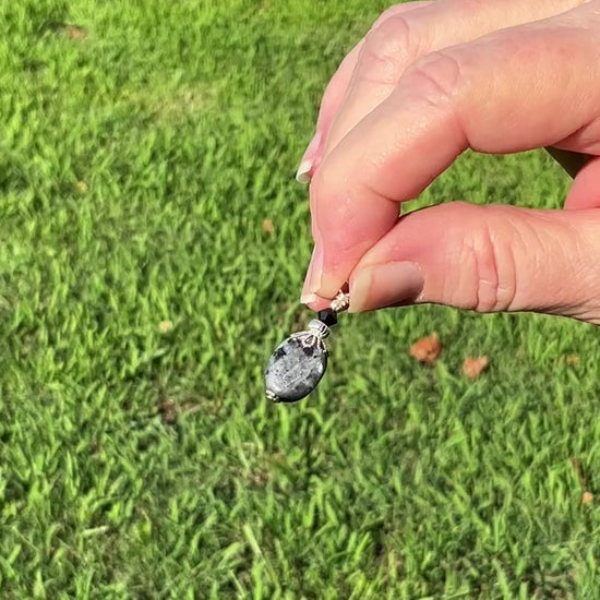 Silver Plated Larvikite Gemstone Oval Drop Handmade Earrings video showing the chatoyancy in the light. The stones are also sometimes called blue labradorite.