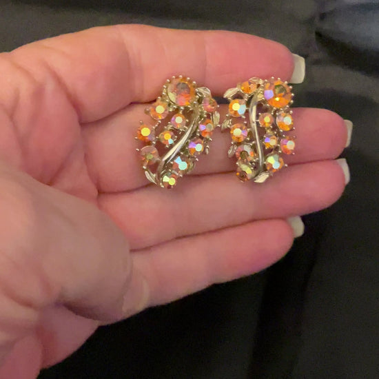AB Orange Rhinestone Vintage Leaf Clip on Earrings video showing how the rhinestones sparkle in the light.