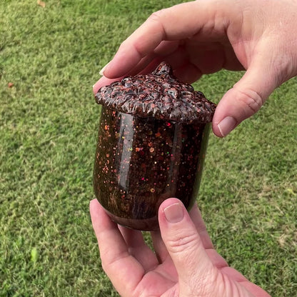 Pearly Dark Brown Resin Handmade Acorn Trinket Box Jar with Chunky Iridescent Glitter, Fall Decor