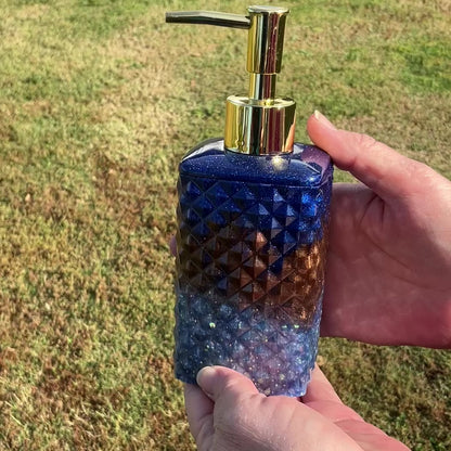 Faceted Square Handmade Pearly Blue and Brown Resin and Glitter Soap Dispenser video showing how the glitter sparkles in the light.