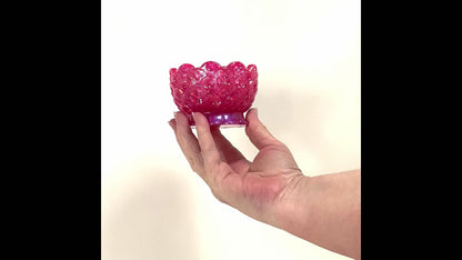 Small Handmade Bright Pearly Pink Resin Decorative Footed Bowl with Iridescent Glitter and Scalloped Edge video showing how the glitter sparkles in the light.