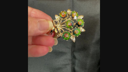 1960's Emmons Watermelon and Clear Rhinestone Vintage Flowers Brooch Pin showing how the rhinestones sparkle in the light.