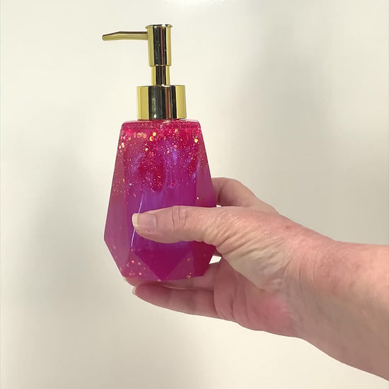 Faceted Handmade Bright Pearly Pink Resin and Glitter Soap Dispenser video showing how the glitter sparkles in the light.