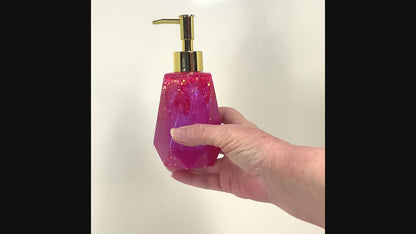 Faceted Handmade Bright Pearly Pink Resin and Glitter Soap Dispenser video showing how the glitter sparkles in the light.